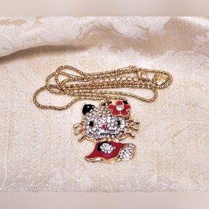 "Hello Kitty" cat pendant necklace Red & black enamel, silver rhinestones
